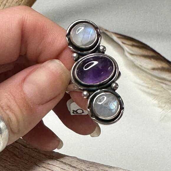 Moonstone & Amethyst 8.5 Triple Stack Round Statement Ring 925 Made In Usa